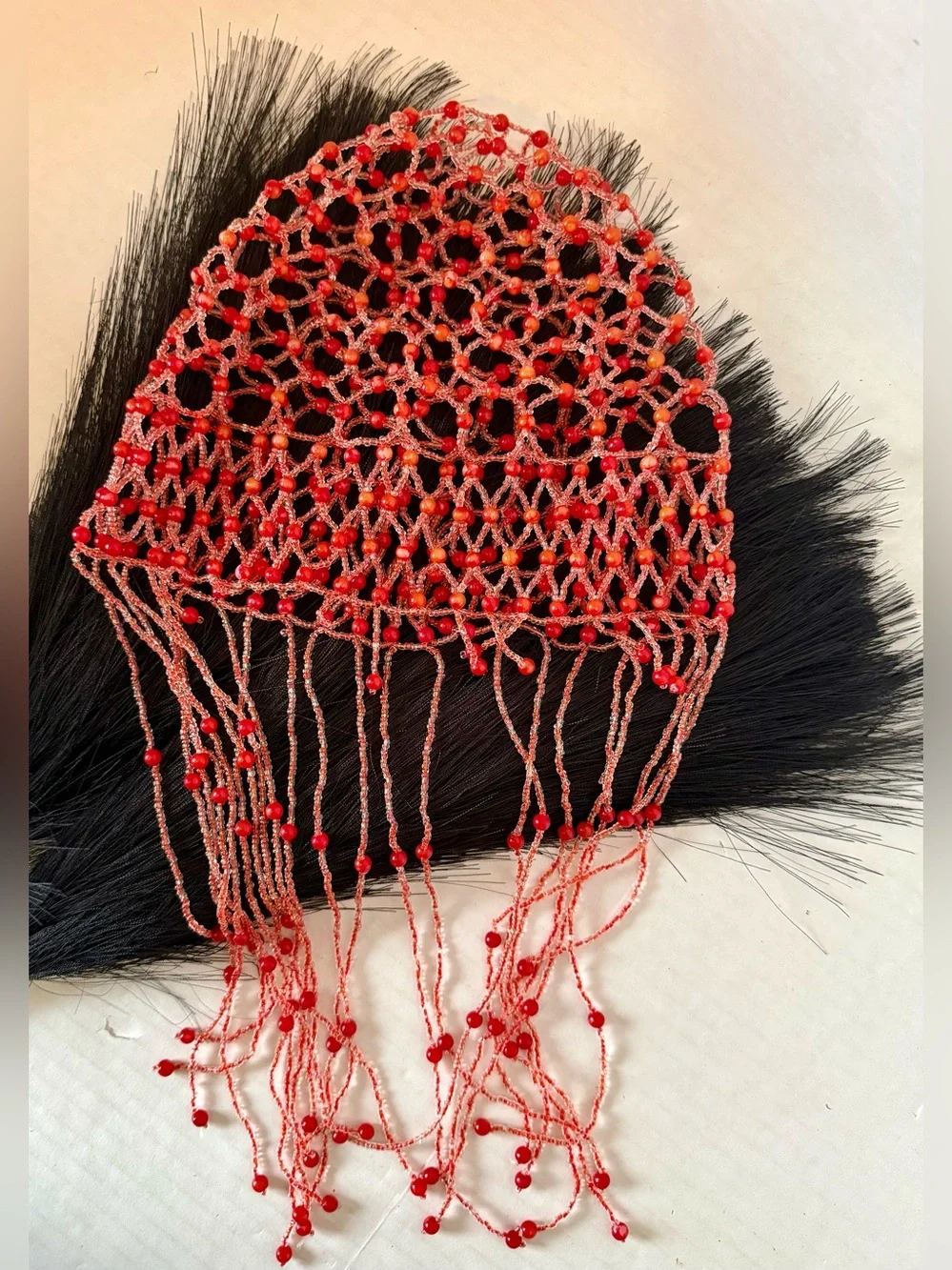 Handmade Red Beaded Fringe Headscarf